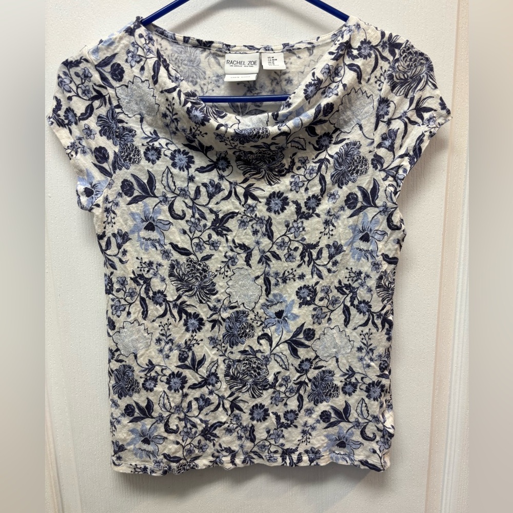 Rachel Zoe Blue & Cream Floral Cowl Neck Top Size Medium